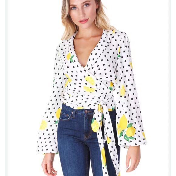 Lovers + Friends Mikayla Lemon Polka Dot Balloon Sleeve Wrap Blouse SZ S - Picture 1 of 11